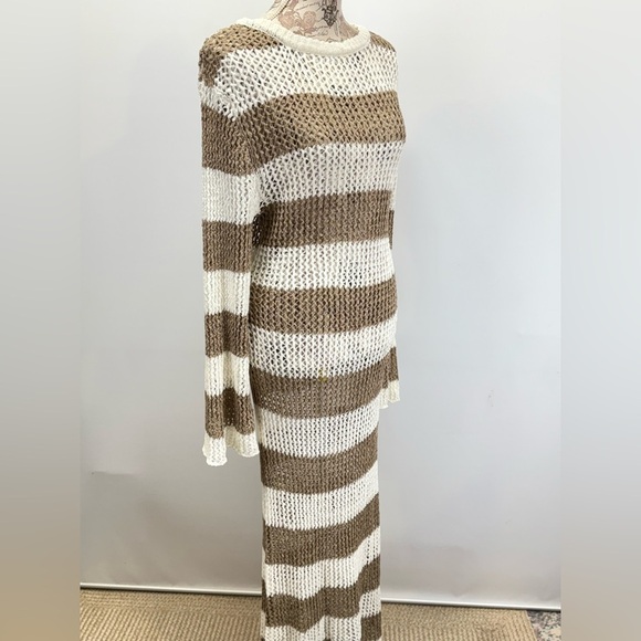RIVER ISLAND Cream and Tan Striped long sleeve open back Swim Coverup size L - Picture 6 of 16